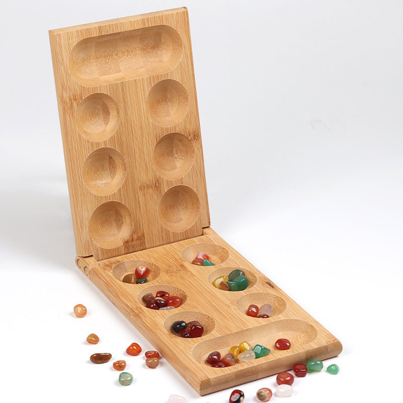 Kids Outdoor Wooden Table - Riverstones & Bamboo Foldable Mancala Board